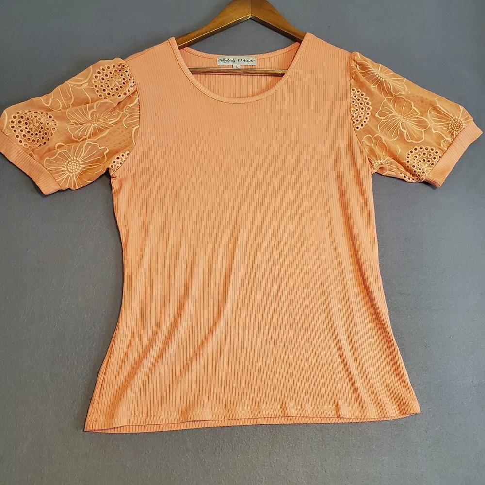 Absolutely Famous S Peach Ribbed Shirt Sheer Eyelet Floral Puffy Short Sleeve
